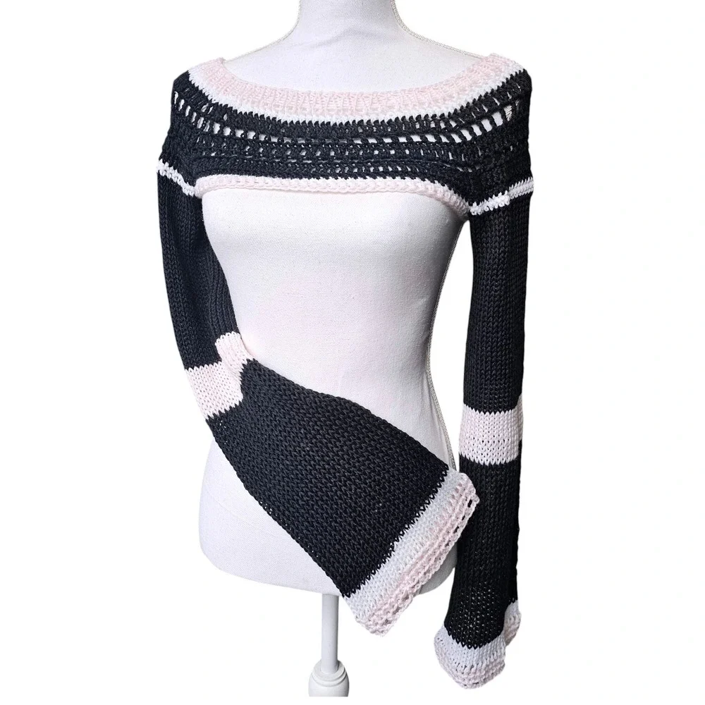 Handmade Crochet Bolero Shrug Women, Black Pink Knit Flared Sleeve, Festival Top